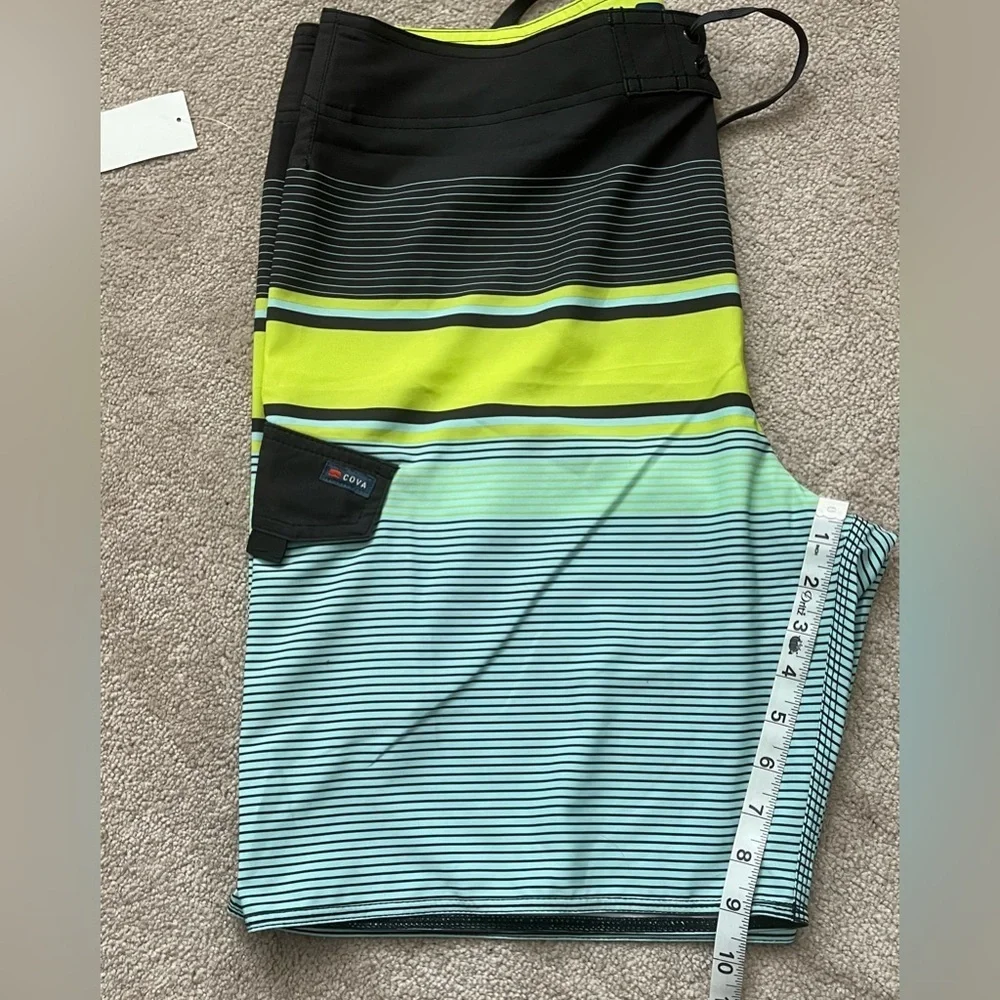 COVA Striped Board Shorts Neon Lime Aqua Surf Swim Trunks Size 36 NWT